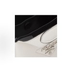 PRADA, a white women\'s handbag with a metal engraved logo and magnetic clasp, featuring a shoulder strap and a vegetable basket